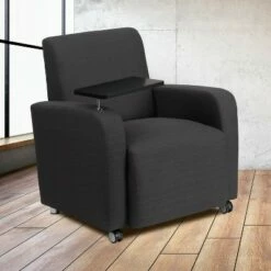 Flash Furniture Gray Fabric Guest Chair with Tablet Arm and Front Wheel Casters