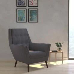 Merrick Lane High-Back Arm Chair Contemporary Gray Button Tufted Fabric Upholstered Accent Side Chair