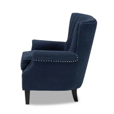 Wilhelm Velvet Wood Armchair Blue/Dark Brown - Baxton Studio 4 Wilhelm Velvet Wood Armchair Blue/Dark Brown - Baxton Studio - Image 2