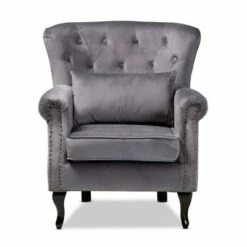 Fletcher Velvet and Wood Armchair Gray/Dark Brown - Baxton Studio