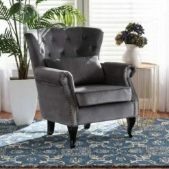 Fletcher Velvet and Wood Armchair Gray/Dark Brown - Baxton Studio -Living Room Chairs store unnamed file 2546
