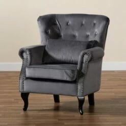 Fletcher Velvet and Wood Armchair Gray/Dark Brown - Baxton Studio -Living Room Chairs store unnamed file 2547