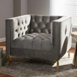 Zanetta Luxe And Glamour Velvet Upholstered Gold Finished Lounge Chair - Baxton Studio Gray -Living Room Chairs store unnamed file 2590