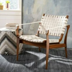 Dilan Leather Safari Chair White/Light Brown - Safavieh