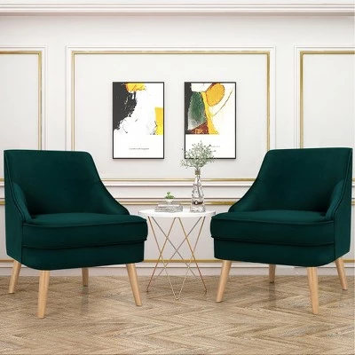 Costway Set of 2 Accent Chairs Velvet Single Sofa Chair w/Rubber Wood Legs PinkGreenGrey 4 Costway Set of 2 Accent Chairs Velvet Single Sofa Chair w/Rubber Wood Legs PinkGreenGrey - Image 2