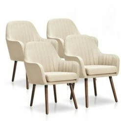 Costway Set of 4 Accent Chairs Fabric Upholstered Armchairs w/Wooden Legs Beige/Gray -Living Room Chairs store unnamed file 3397