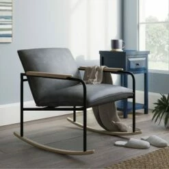 Cottage Road Rocking Accent Chair with Wood Accents Black Faux Leather - Sauder