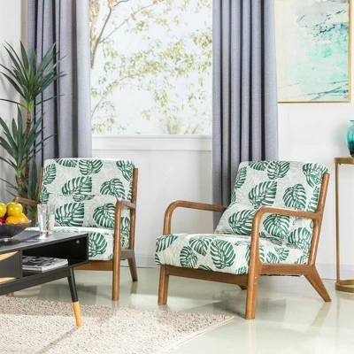 Accent Armchair with Walnut Ruberwood Frame Green/Fabric Pattern - Glitzhome 4 Accent Armchair with Walnut Ruberwood Frame Green/Fabric Pattern - Glitzhome - Image 2