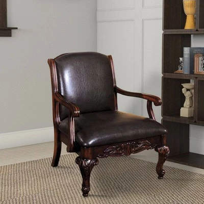 Leatherette Wooden Accent Chair with Hand Carved Legs Brown - Benzara 6 Leatherette Wooden Accent Chair with Hand Carved Legs Brown - Benzara - Image 4