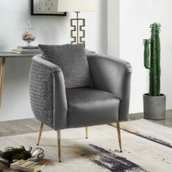 Simple Relax Velvet Barrel Accent Chair with Metal Legs in Gray