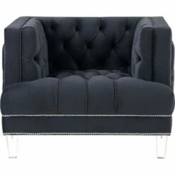 Velvet Upholstered Chair with Tufted Details and Acrylic Legs - Benzara Blue