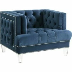 Velvet Upholstered Chair with Tufted Details and Acrylic Legs - Benzara Blue -Living Room Chairs store unnamed file 5424