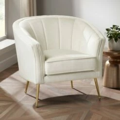 55 Downing Street Leighton White Velvet and Gold Tufted Accent Chair