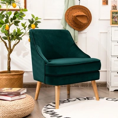 Costway Accent Chair Velvet Upholstered Single Sofa with Rubber Wood Legs PinkGreenGrey 4 Costway Accent Chair Velvet Upholstered Single Sofa with Rubber Wood Legs PinkGreenGrey - Image 2
