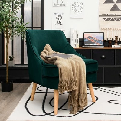 Costway Accent Chair Velvet Upholstered Single Sofa with Rubber Wood Legs PinkGreenGrey 5 Costway Accent Chair Velvet Upholstered Single Sofa with Rubber Wood Legs PinkGreenGrey - Image 3