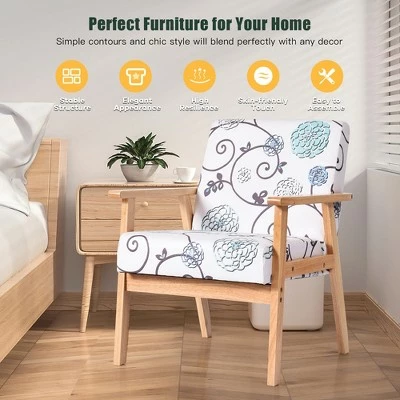 Costway Modern Accent Armchair Fabric Lounge Chair w/Rubber Wood Leg White&Blue Floral 7 Costway Modern Accent Armchair Fabric Lounge Chair w/Rubber Wood Leg White&Blue Floral - Image 5