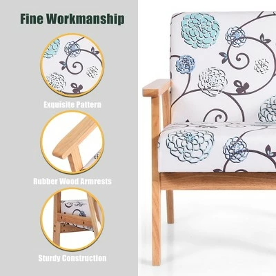 Costway Modern Accent Armchair Fabric Lounge Chair w/Rubber Wood Leg White&Blue Floral 8 Costway Modern Accent Armchair Fabric Lounge Chair w/Rubber Wood Leg White&Blue Floral - Image 6