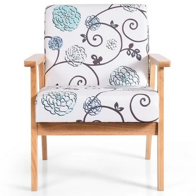 Costway Modern Accent Armchair Fabric Lounge Chair w/Rubber Wood Leg White&Blue Floral 11 Costway Modern Accent Armchair Fabric Lounge Chair w/Rubber Wood Leg White&Blue Floral - Image 9