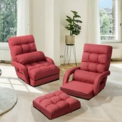 Costway Folding Floor Armchair w/ 6-position Adjustable Back & Lumbar Pillow RedGrey