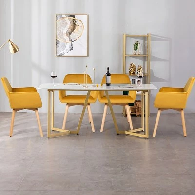 Costway Set of 4 Modern Accent Armchairs Velvet Fabric Leisure Chairs Club Guest Yellow 4 Costway Set of 4 Modern Accent Armchairs Velvet Fabric Leisure Chairs Club Guest Yellow - Image 2