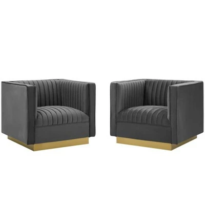 Set of 2 Sanguine Vertical Tufted Upholstered Performance Velvet Armchairs - Modway Gray 8 Set of 2 Sanguine Vertical Tufted Upholstered Performance Velvet Armchairs - Modway Gray - Image 6