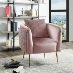 Simple Relax Velvet Barrel Accent Chair with Metal Legs in Pink