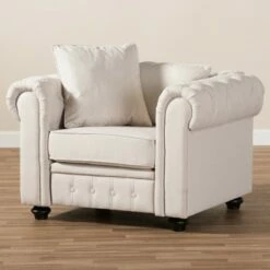 Baxton Studio Alaise Modern Classic Linen Tufted Scroll Arm Chesterfield Chair Beige -Living Room Chairs store unnamed file 774
