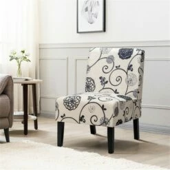 Costway Armless Accent Fabric Leisure Chair w/Rubber Wood Legs GrayBeige Print