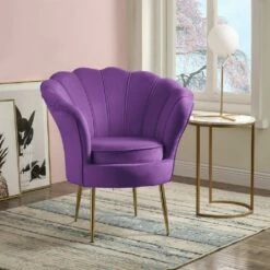 Simple Relax Velvet Scalloped Back Barrel Accent Chair with Metal Legs in Purple
