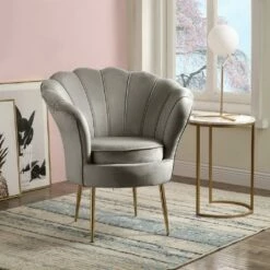 Simple Relax Velvet Scalloped Back Barrel Accent Chair with Metal Legs in Gray