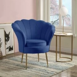 Simple Relax Velvet Scalloped Back Barrel Accent Chair with Metal Legs in Blue