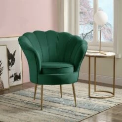 Simple Relax Velvet Scalloped Back Barrel Accent Chair with Metal Legs in Green