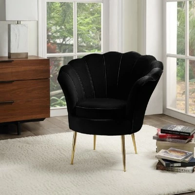 Simple Relax Velvet Scalloped Back Barrel Accent Chair with Metal Legs in Black 3 Simple Relax Velvet Scalloped Back Barrel Accent Chair with Metal Legs in Black